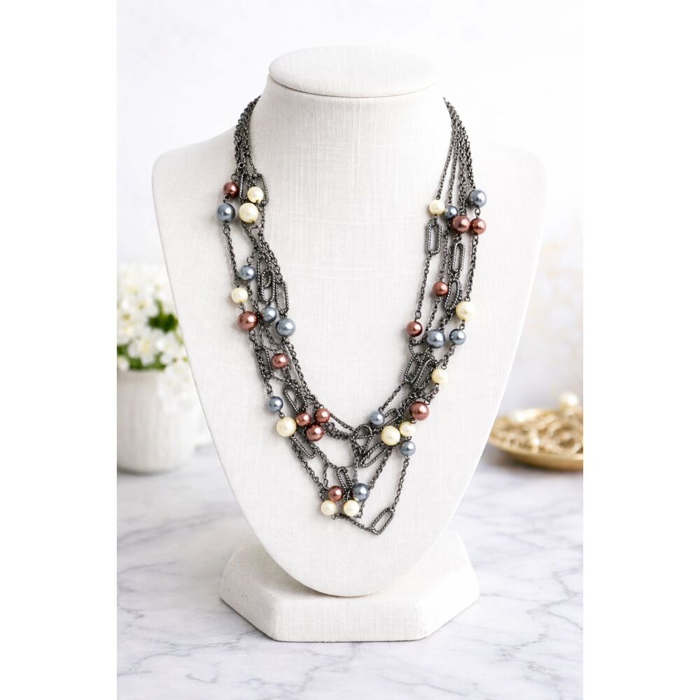 Multi Strand Chain/Faux Pearl Necklace Gunmetal Gray White Brown Costume Jewelry